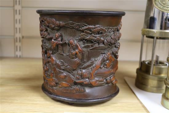 A Chinese bamboo and wood sagos brushpot height 17cm